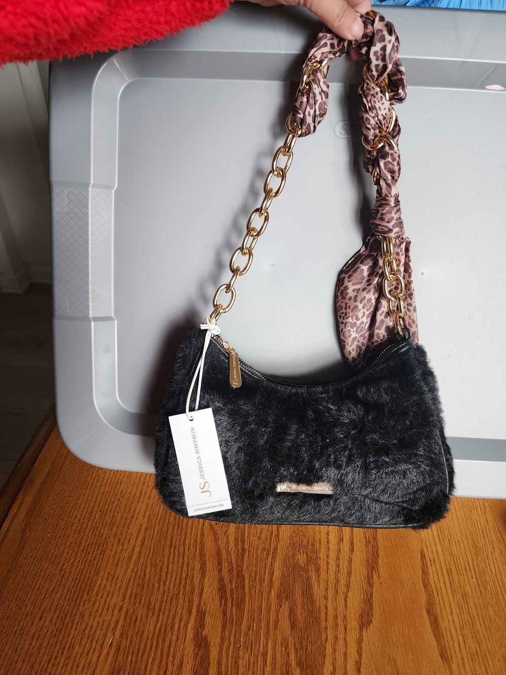 NWT Jessica Simpson Black Faux Fur Shoulder Bag with Leopard Scarf Accent